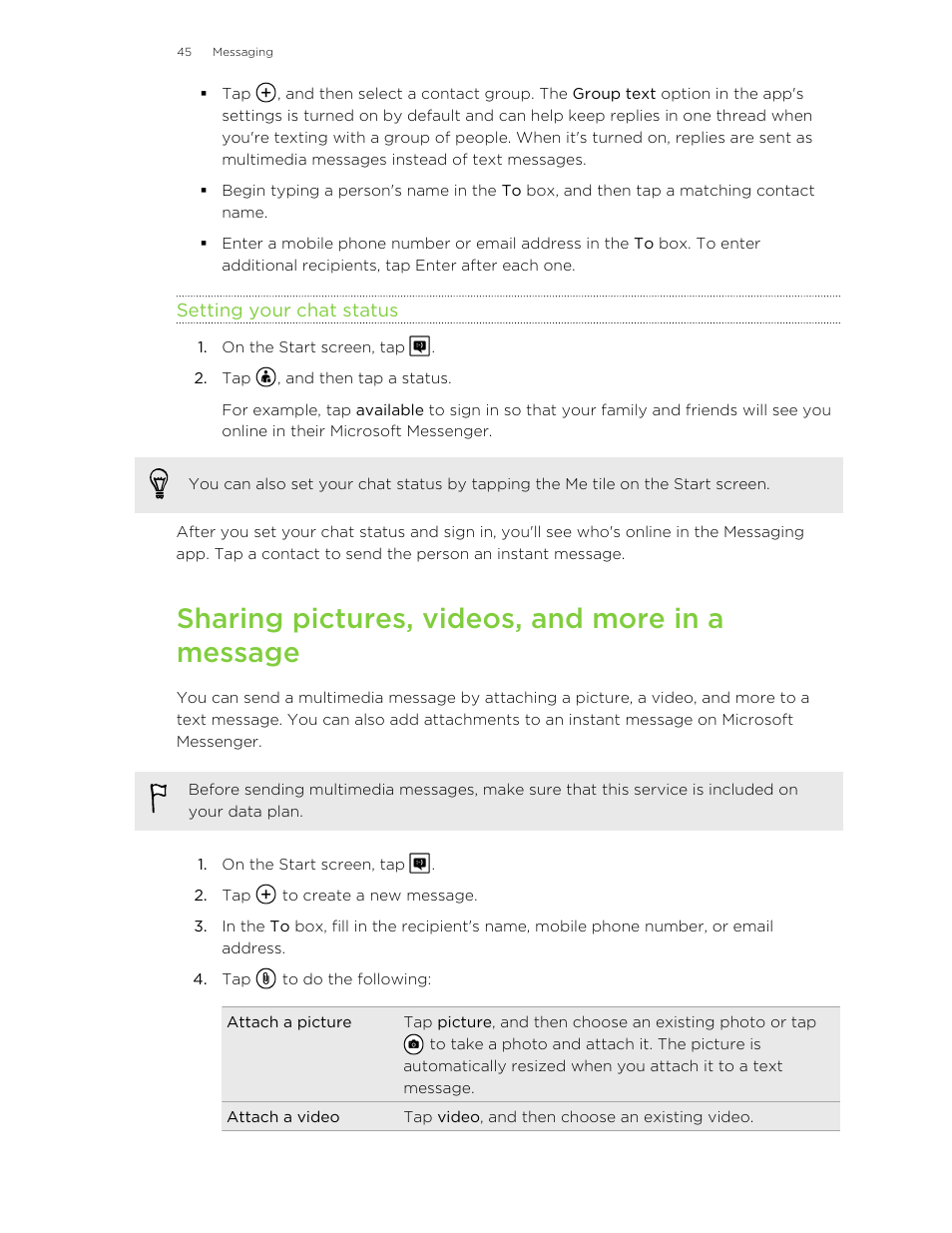 Setting your chat status, Sharing pictures, videos, and more in a message | HTC 8X User Manual | Page 45 / 97