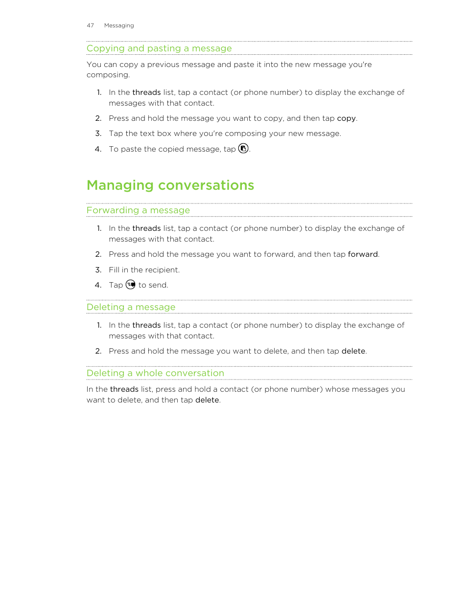 Copying and pasting a message, Managing conversations, Forwarding a message | Deleting a message, Deleting a whole conversation | HTC 8X User Manual | Page 47 / 97