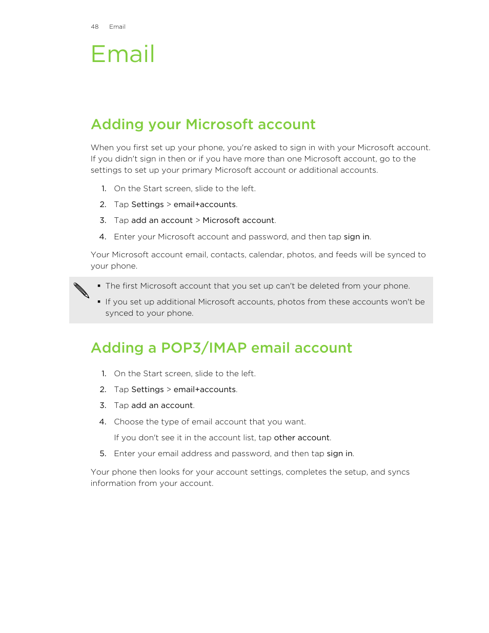 Email, Adding your microsoft account, Adding a pop3/imap email account | HTC 8X User Manual | Page 48 / 97