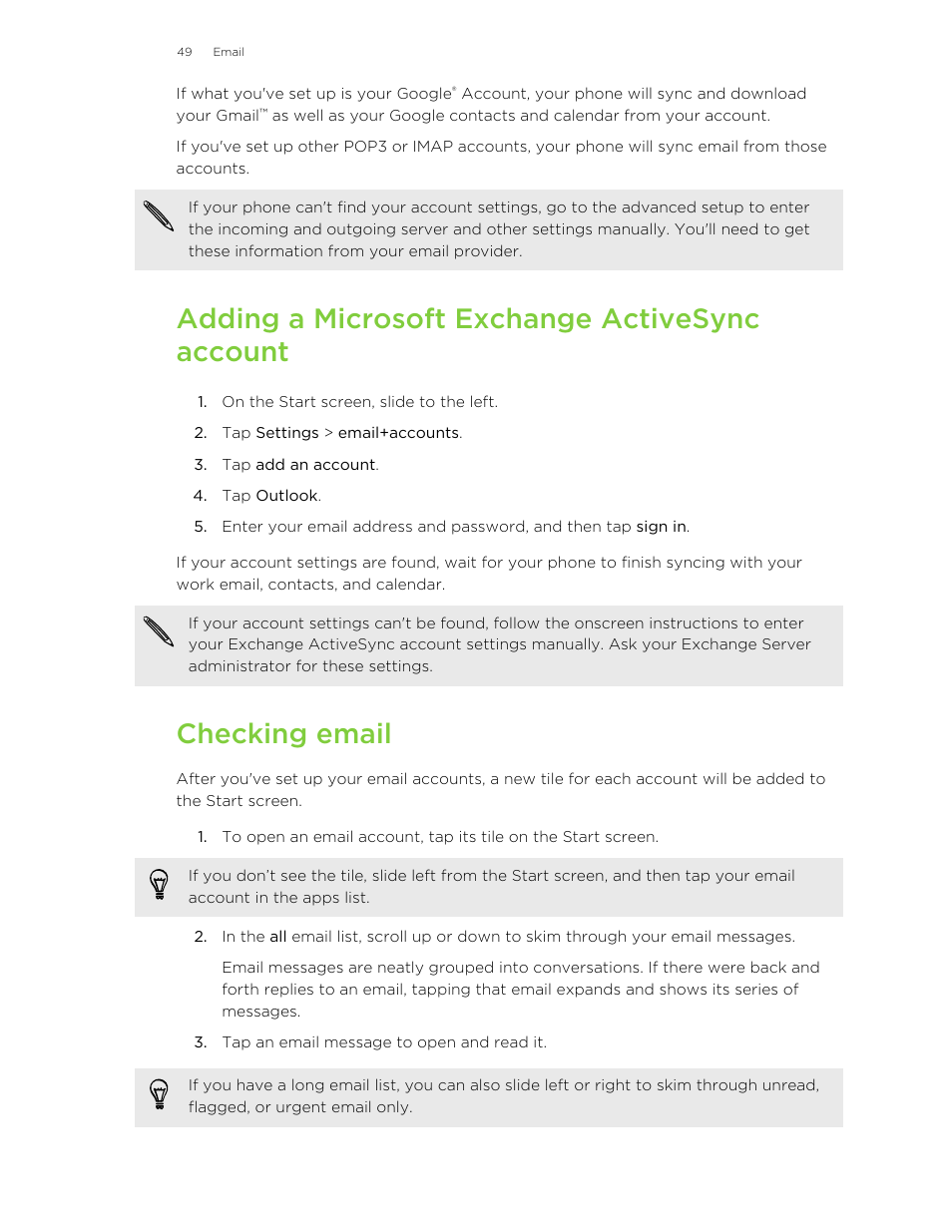 Adding a microsoft exchange activesync account, Checking email | HTC 8X User Manual | Page 49 / 97