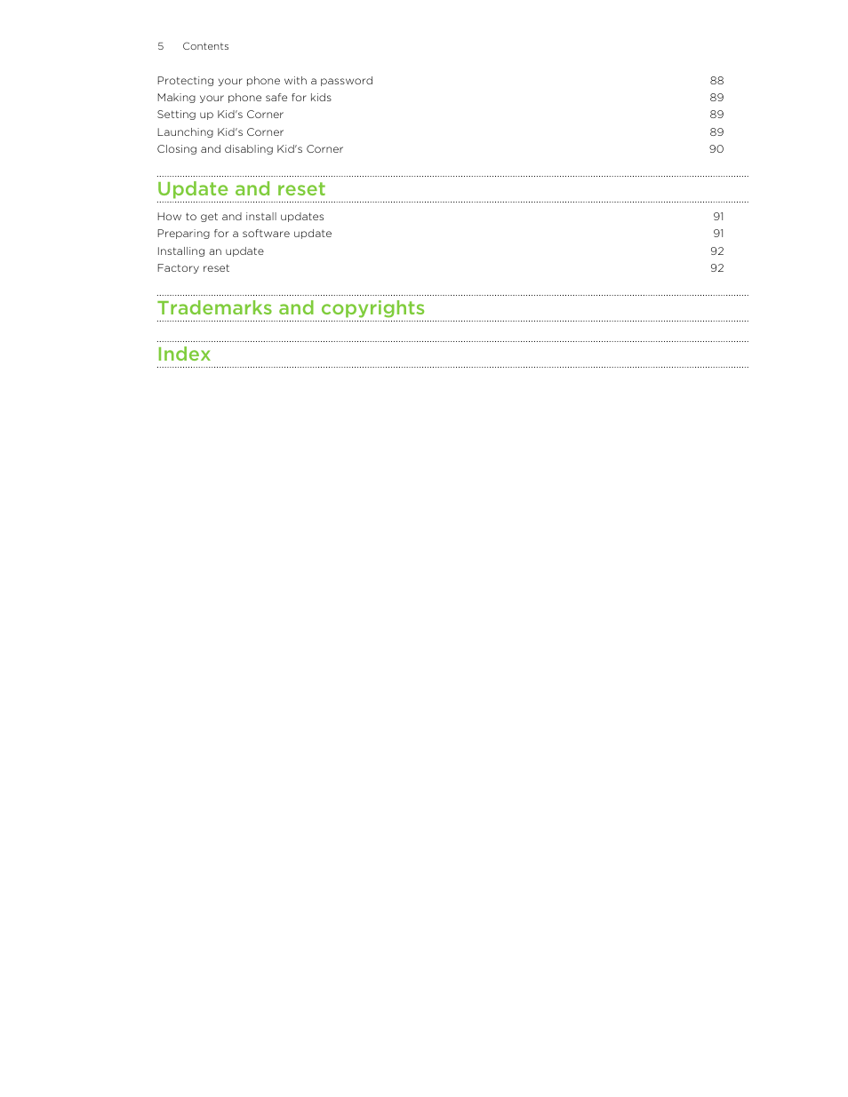 Update and reset, Trademarks and copyrights index | HTC 8X User Manual | Page 5 / 97