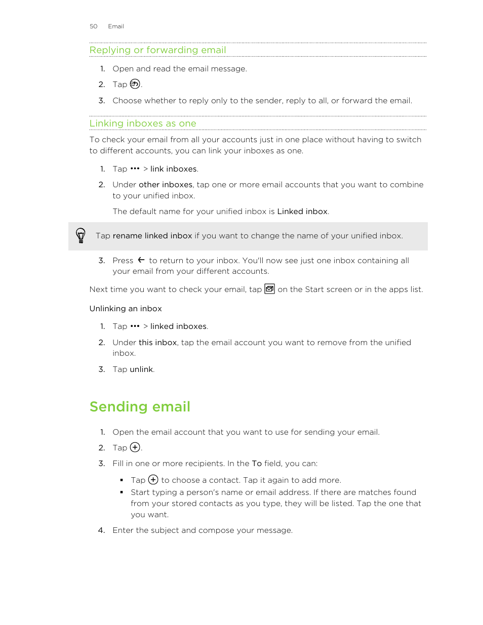 Replying or forwarding email, Linking inboxes as one, Unlinking an inbox | Sending email | HTC 8X User Manual | Page 50 / 97