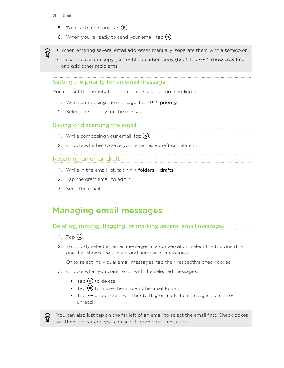 Setting the priority for an email message, Saving or discarding the email, Resuming an email draft | Managing email messages | HTC 8X User Manual | Page 51 / 97