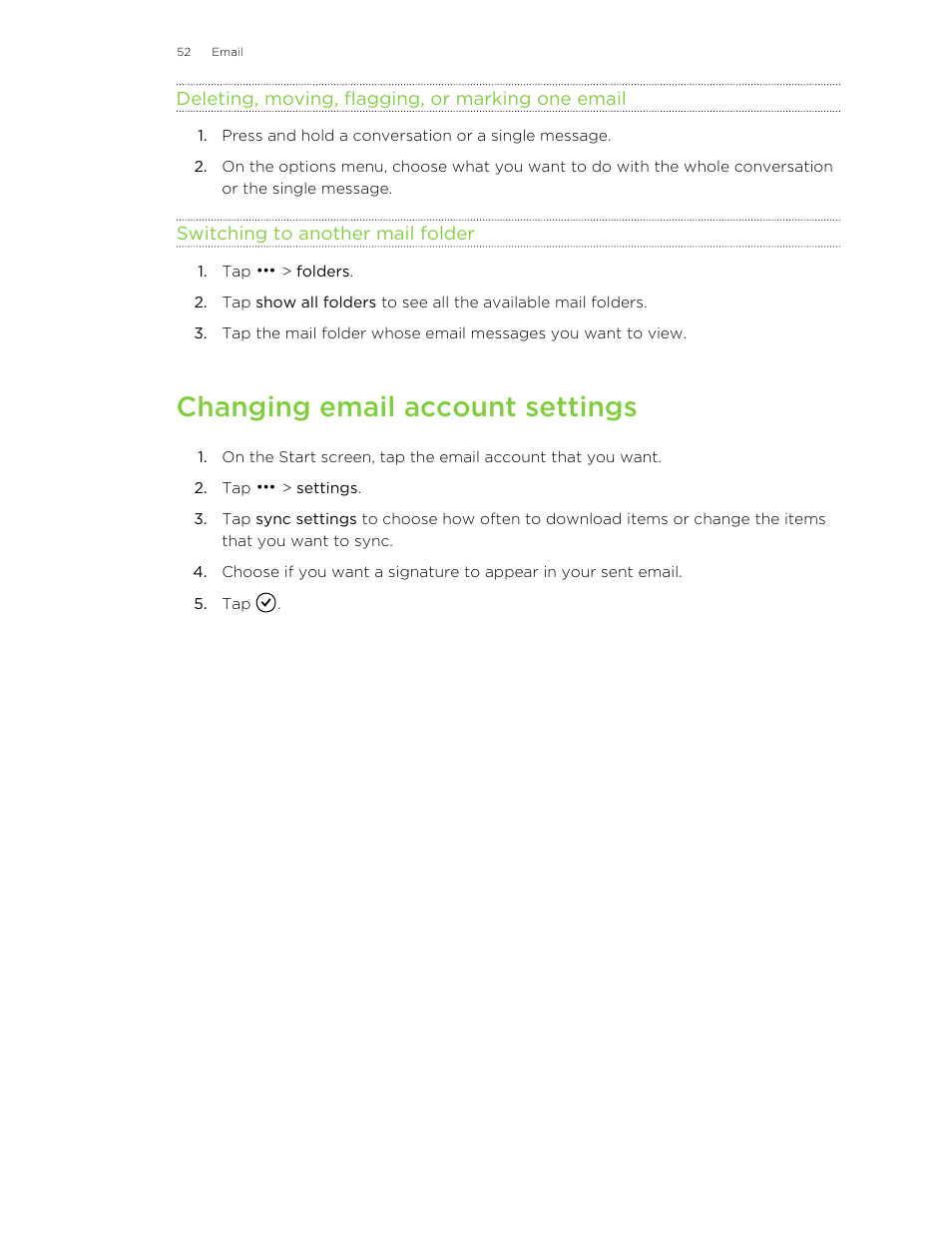 Deleting, moving, flagging, or marking one email, Switching to another mail folder, Changing email account settings | HTC 8X User Manual | Page 52 / 97