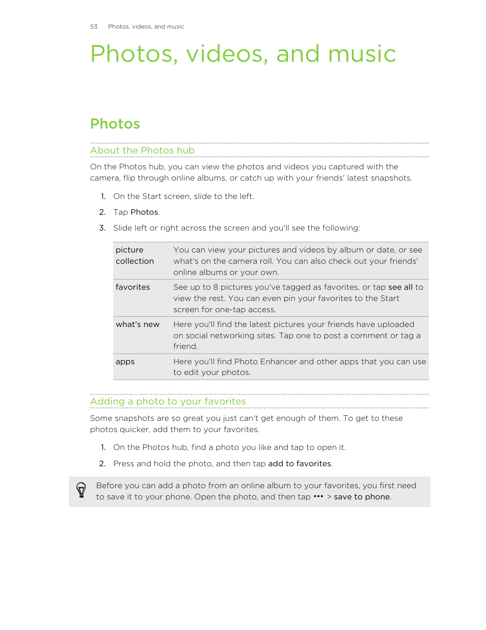 Photos, videos, and music, Photos, About the photos hub | Adding a photo to your favorites | HTC 8X User Manual | Page 53 / 97