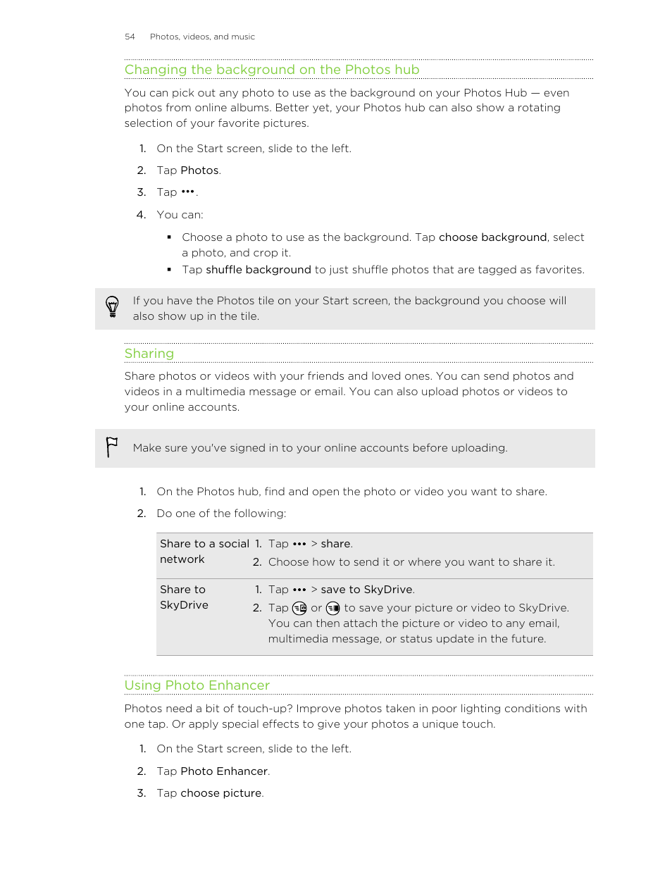 Changing the background on the photos hub, Sharing, Using photo enhancer | HTC 8X User Manual | Page 54 / 97