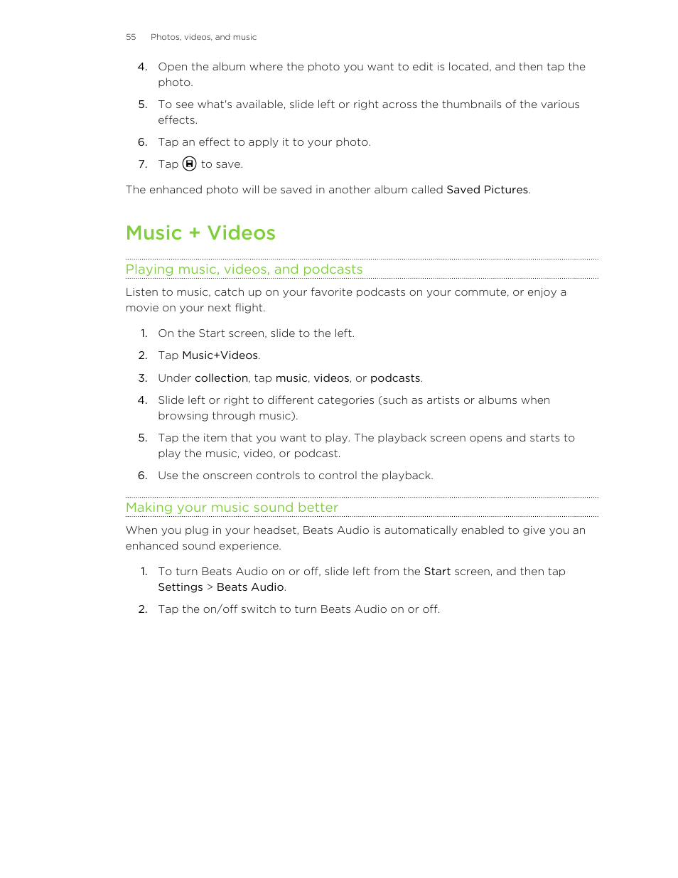 Music + videos, Playing music, videos, and podcasts, Making your music sound better | Making, Your music sound better | HTC 8X User Manual | Page 55 / 97