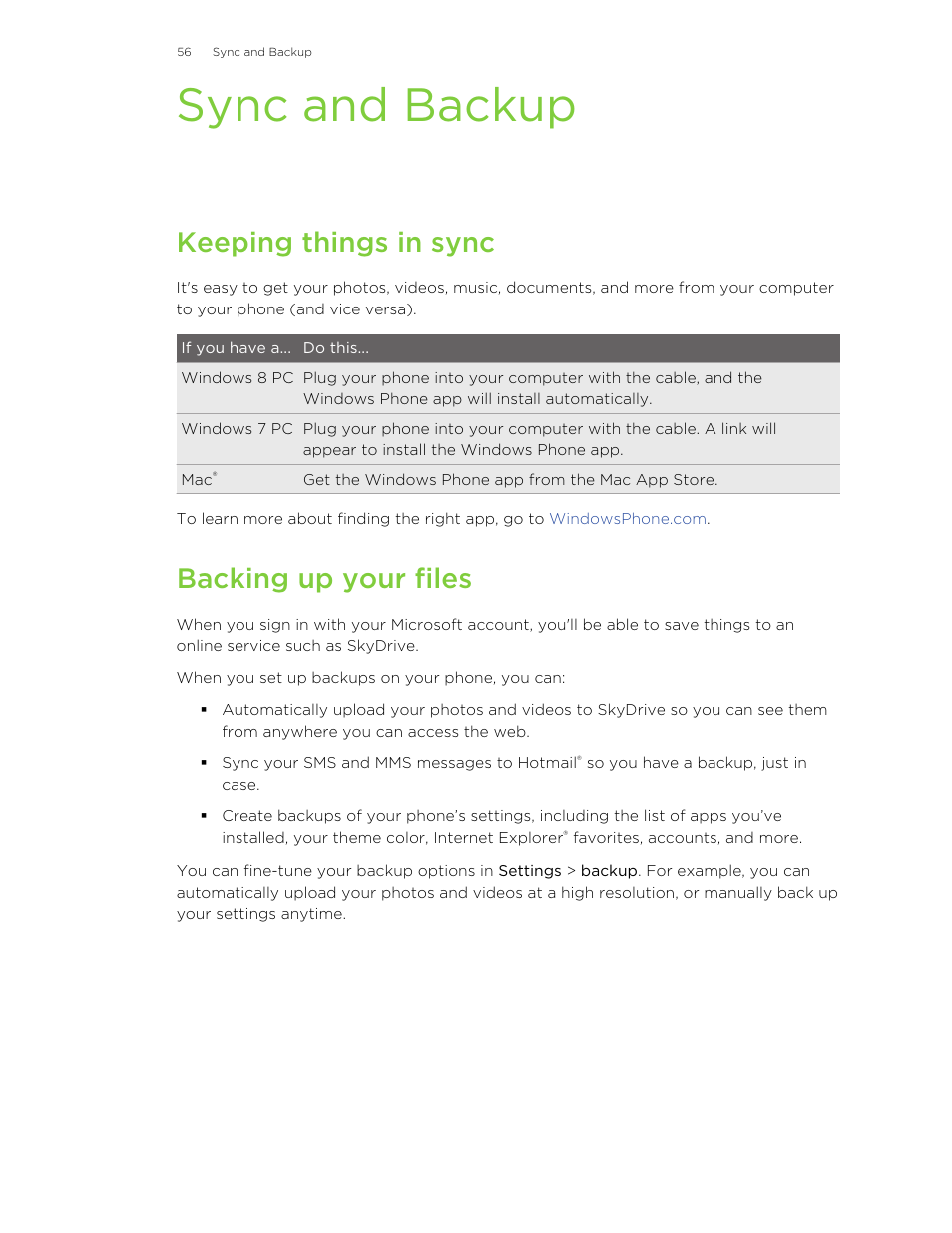 Sync and backup, Keeping things in sync, Backing up your files | HTC 8X User Manual | Page 56 / 97