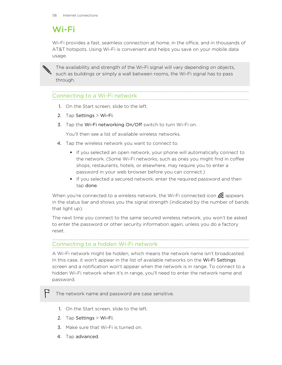 Wi-fi, Connecting to a wi‑fi network, Connecting to a hidden wi‑fi network | HTC 8X User Manual | Page 58 / 97