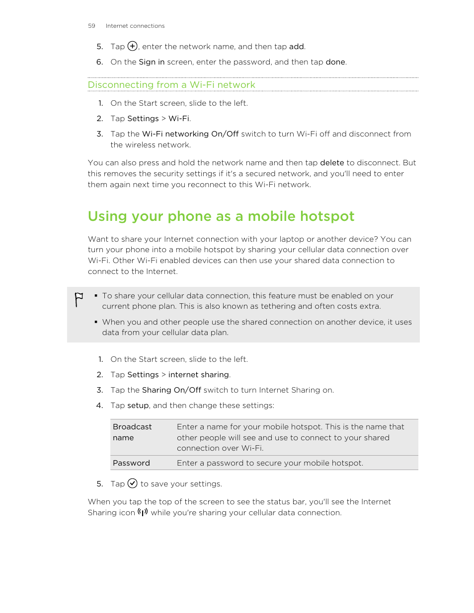 Disconnecting from a wi‑fi network, Using your phone as a mobile hotspot | HTC 8X User Manual | Page 59 / 97