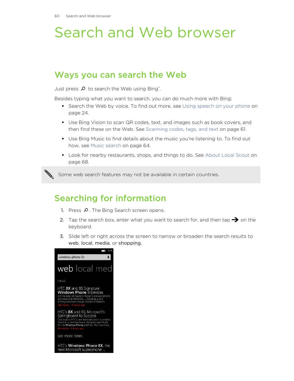 Search and web browser, Ways you can search the web, Searching for information | HTC 8X User Manual | Page 60 / 97