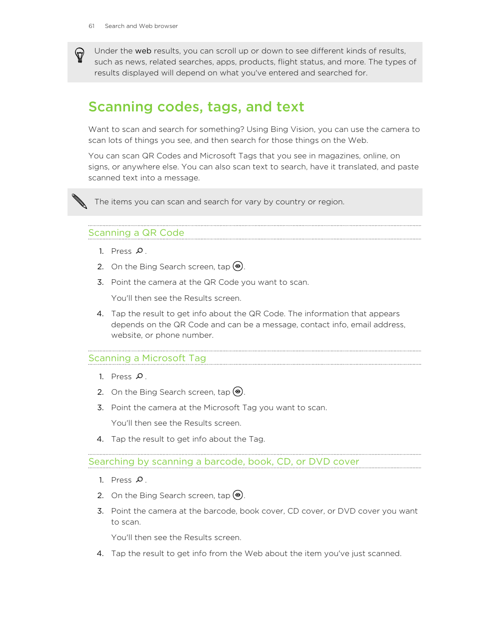 Scanning codes, tags, and text, Scanning a qr code, Scanning a microsoft tag | Then find these on the web. see | HTC 8X User Manual | Page 61 / 97