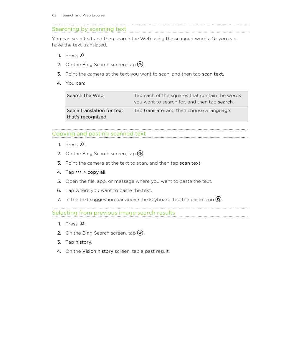 Searching by scanning text, Copying and pasting scanned text, Selecting from previous image search results | HTC 8X User Manual | Page 62 / 97