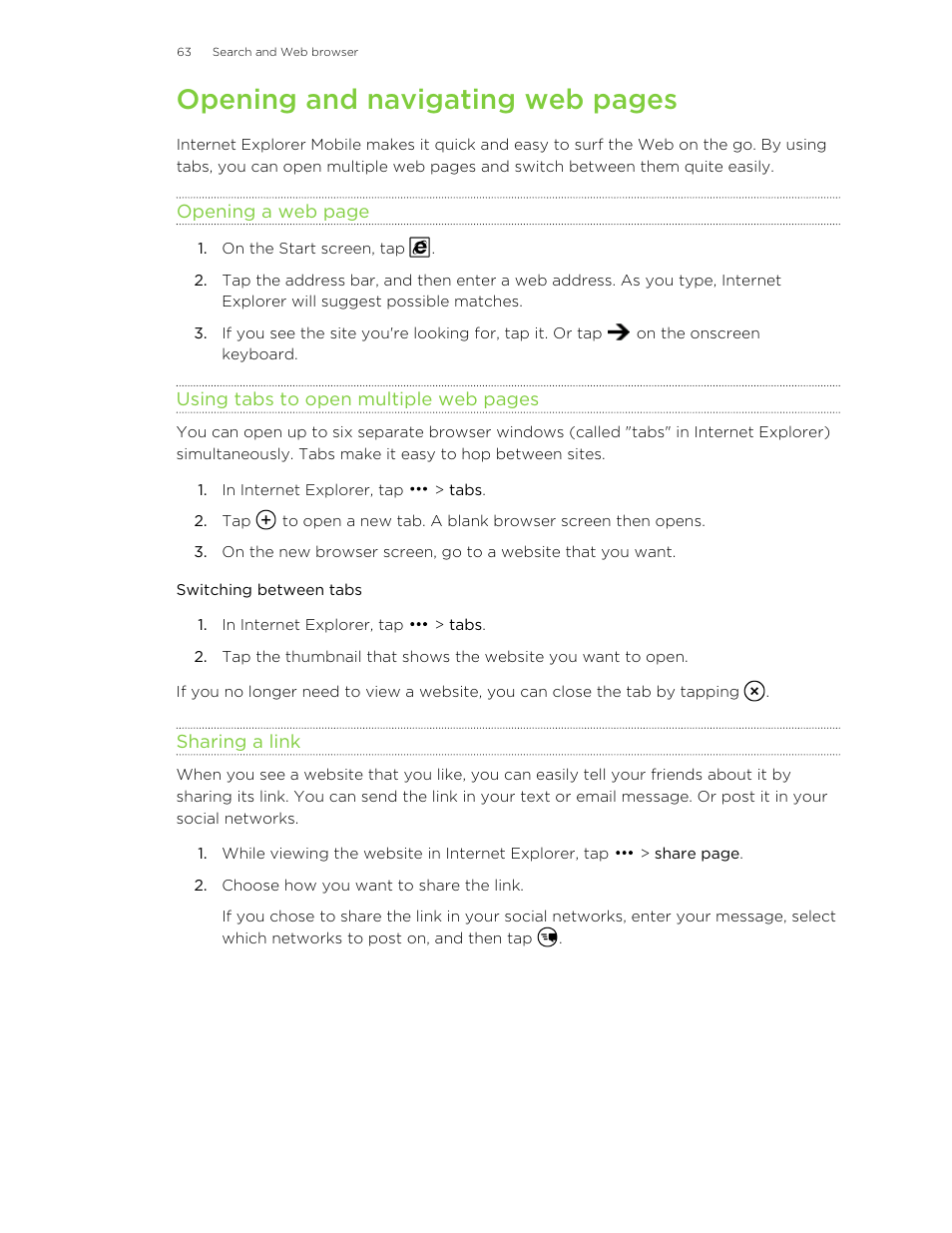 Switching between tabs, Sharing a link, Opening and navigating web pages | HTC 8X User Manual | Page 63 / 97