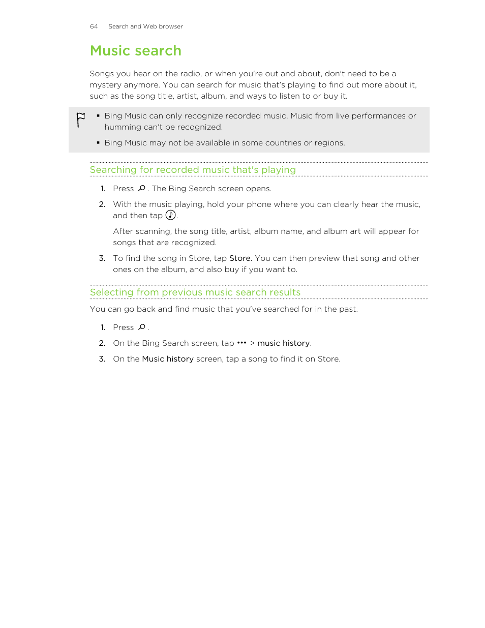 Music search, Searching for recorded music that's playing, Selecting from previous music search results | How, see | HTC 8X User Manual | Page 64 / 97
