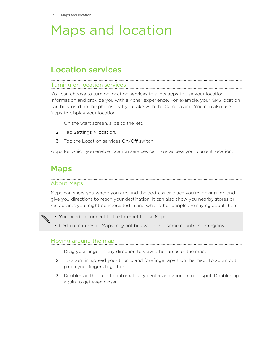 Maps and location, Location services, Turning on location services | Maps, About maps, Moving around the map | HTC 8X User Manual | Page 65 / 97