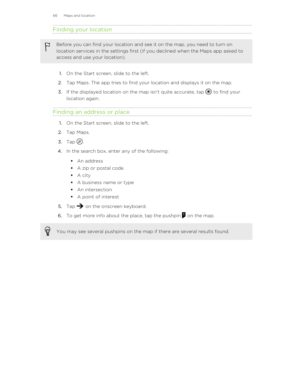 Finding your location, Finding an address or place | HTC 8X User Manual | Page 66 / 97