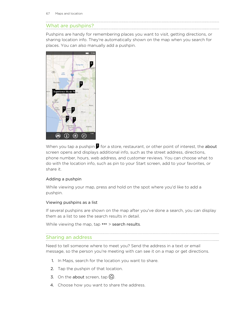 What are pushpins, Adding a pushpin, Viewing pushpins as a list | Sharing an address | HTC 8X User Manual | Page 67 / 97