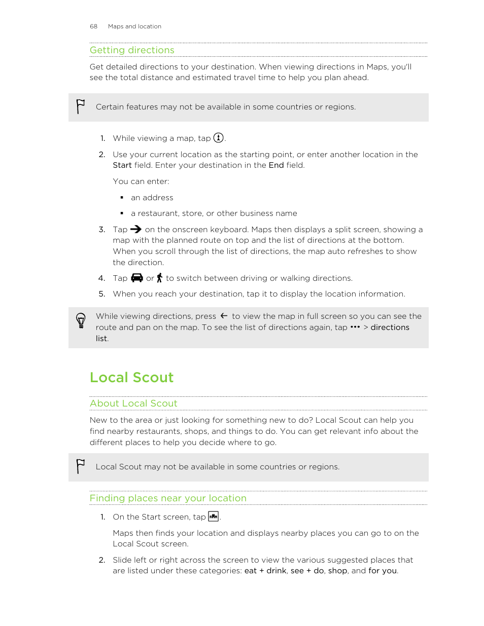 Getting directions, Local scout, About local scout | Finding places near your location | HTC 8X User Manual | Page 68 / 97
