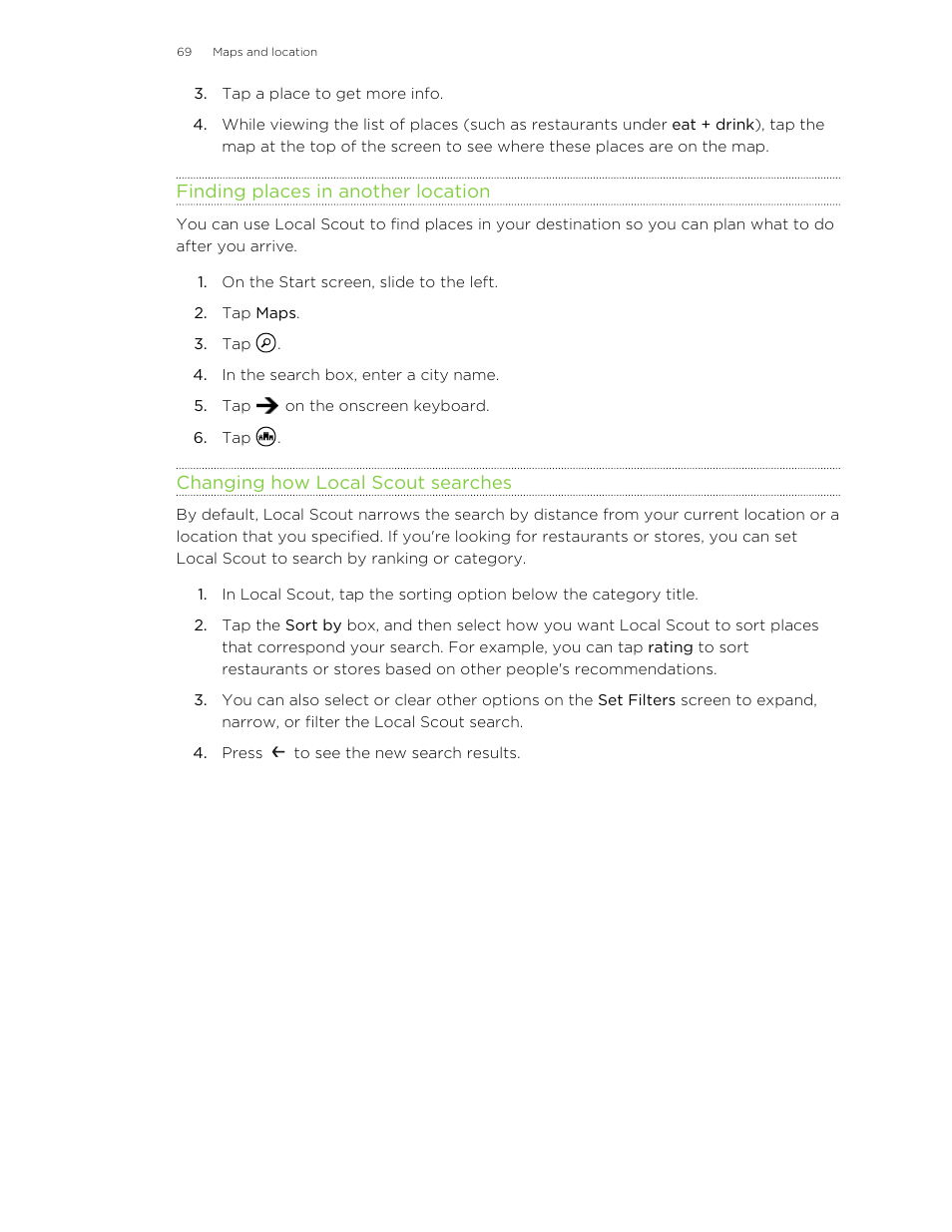 Finding places in another location, Changing how local scout searches | HTC 8X User Manual | Page 69 / 97