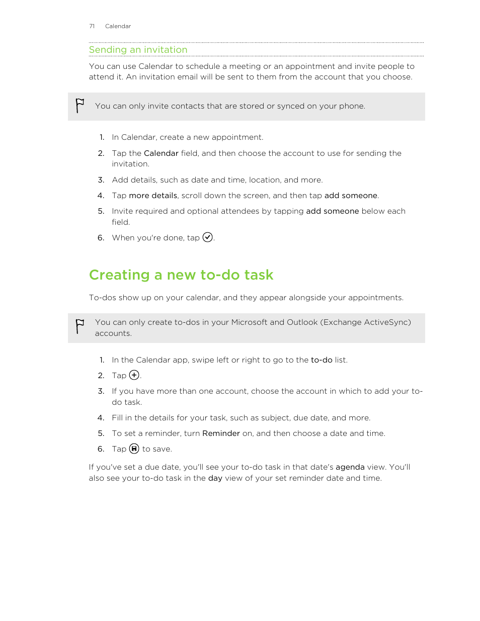 Sending an invitation, Creating a new to-do task | HTC 8X User Manual | Page 71 / 97