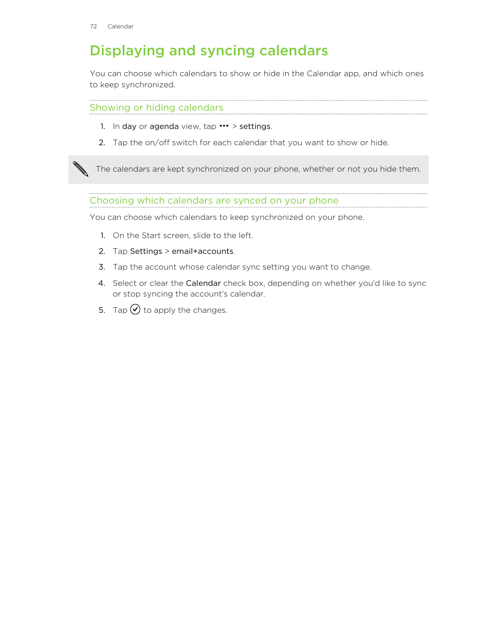 Displaying and syncing calendars, Showing or hiding calendars, Choosing which calendars are synced on your phone | HTC 8X User Manual | Page 72 / 97