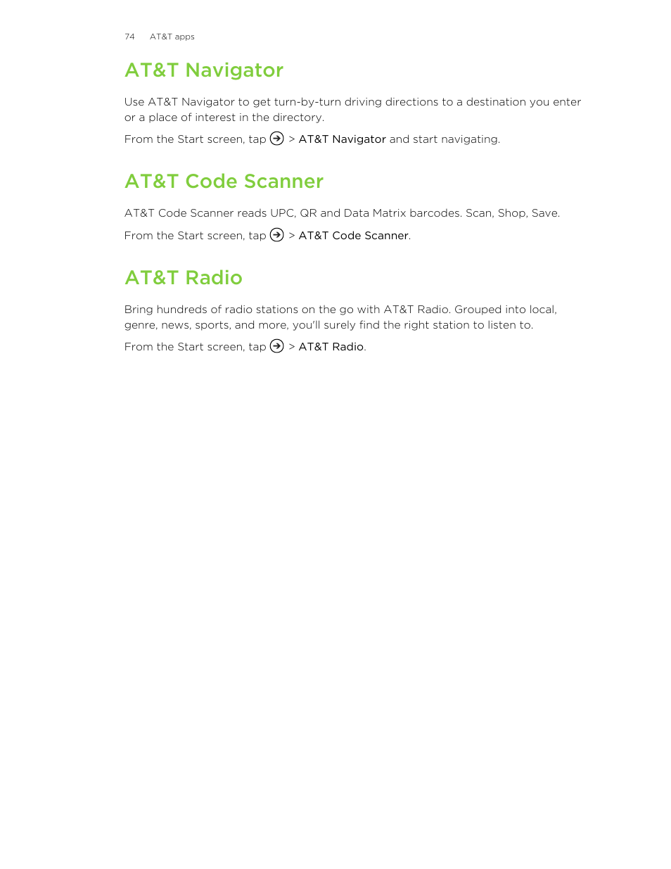 At&t navigator, At&t code scanner, At&t radio | HTC 8X User Manual | Page 74 / 97