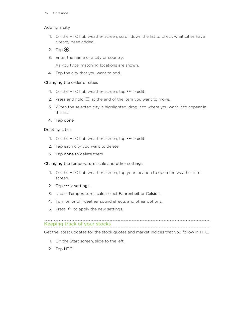 Adding a city, Changing the order of cities, Deleting cities | Changing the temperature scale and other settings, Keeping track of your stocks | HTC 8X User Manual | Page 76 / 97