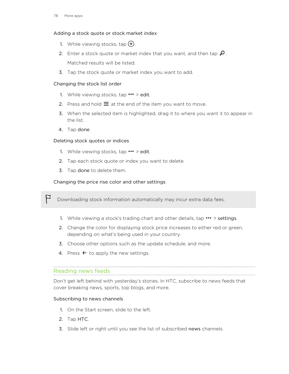 Adding a stock quote or stock market index, Changing the stock list order, Deleting stock quotes or indices | Changing the price rise color and other settings, Reading news feeds, Subscribing to news channels | HTC 8X User Manual | Page 78 / 97