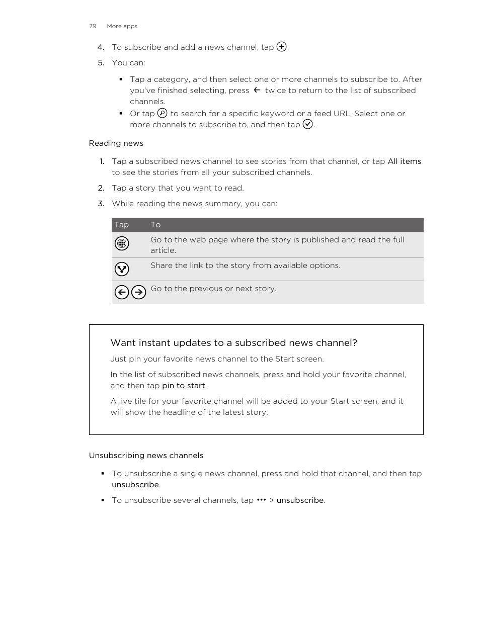 Reading news, Want instant updates to a subscribed news channel, Unsubscribing news channels | HTC 8X User Manual | Page 79 / 97