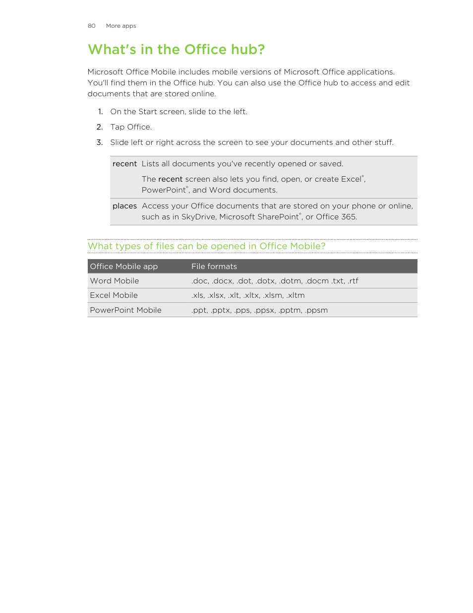 What's in the office hub, What types of files can be opened in office mobile | HTC 8X User Manual | Page 80 / 97