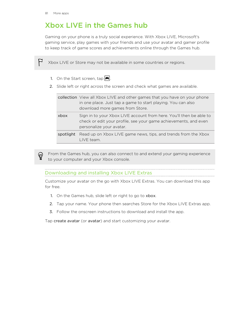 Xbox live in the games hub, Downloading and installing xbox live extras | HTC 8X User Manual | Page 81 / 97