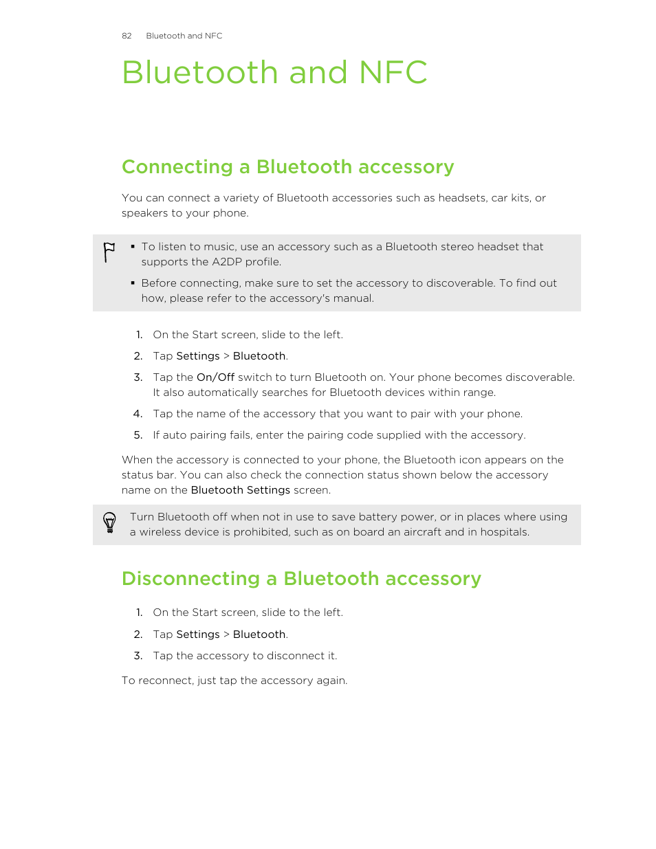 Bluetooth and nfc, Connecting a bluetooth accessory, Disconnecting a bluetooth accessory | HTC 8X User Manual | Page 82 / 97