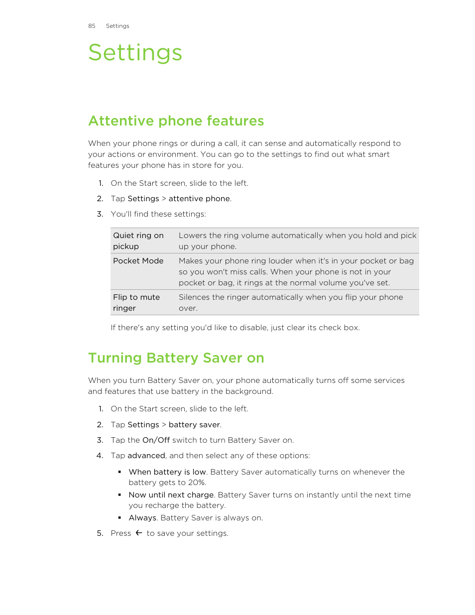 Settings, Attentive phone features, Turning battery saver on | HTC 8X User Manual | Page 85 / 97