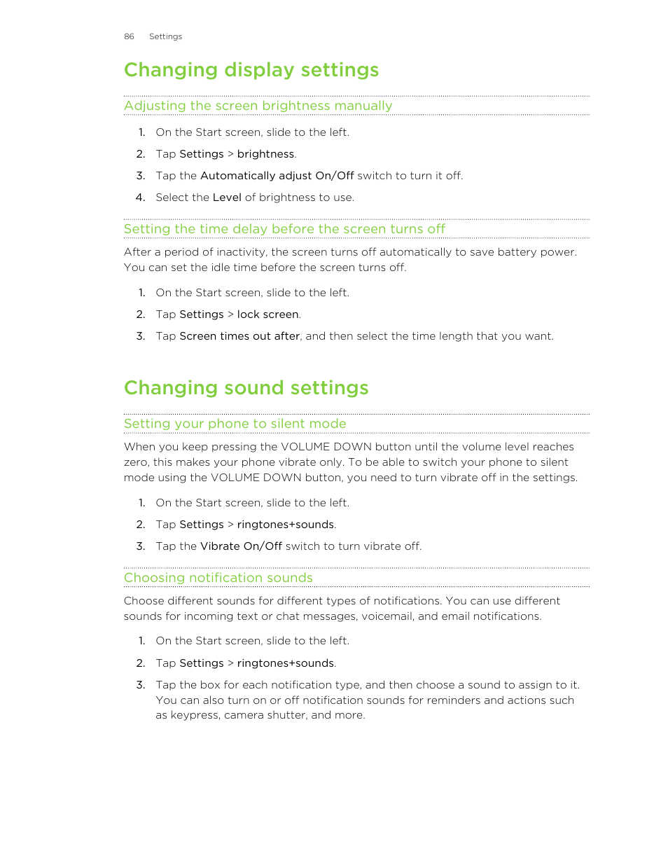 Changing display settings, Adjusting the screen brightness manually, Setting the time delay before the screen turns off | Changing sound settings, Setting your phone to silent mode, Choosing notification sounds | HTC 8X User Manual | Page 86 / 97