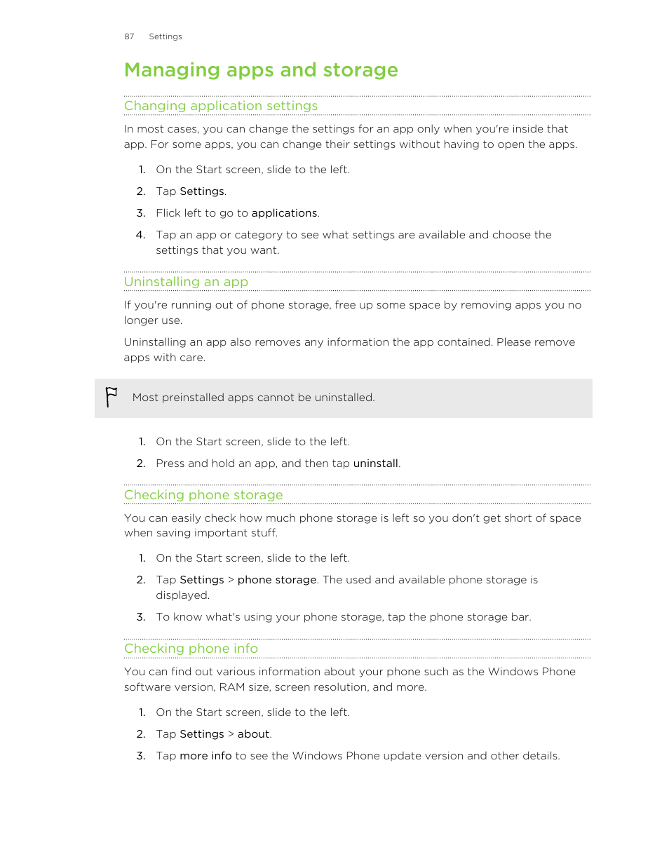 Managing apps and storage, Changing application settings, Uninstalling an app | Checking phone storage, Checking phone info | HTC 8X User Manual | Page 87 / 97