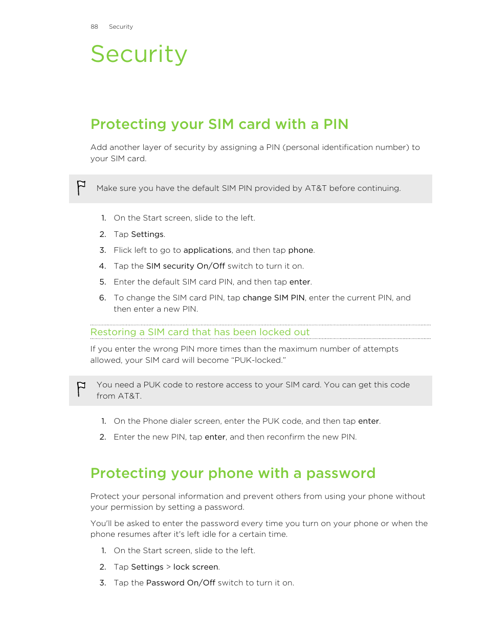 Security, Protecting your sim card with a pin, Restoring a sim card that has been locked out | Protecting your phone with a password | HTC 8X User Manual | Page 88 / 97
