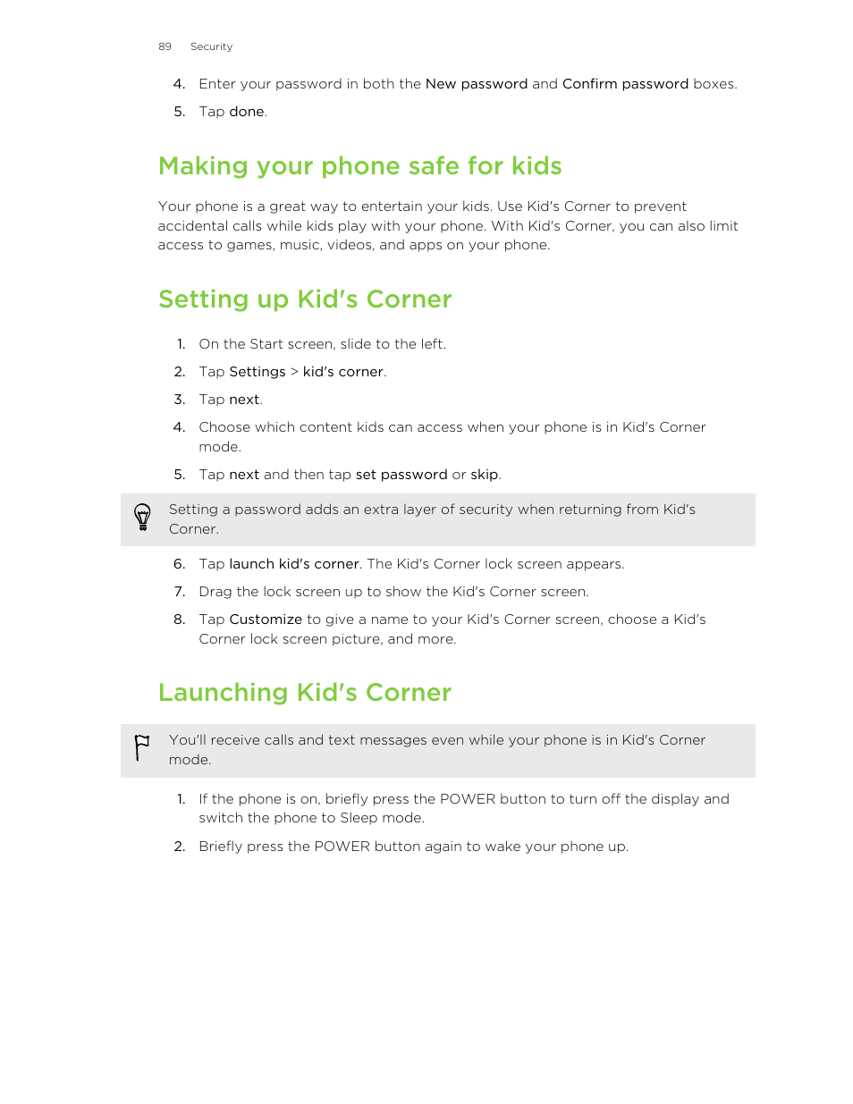 Making your phone safe for kids, Setting up kid's corner, Launching kid's corner | HTC 8X User Manual | Page 89 / 97