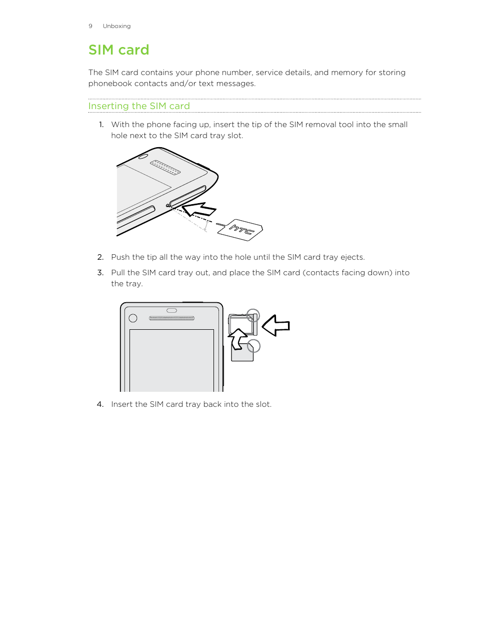 Sim card, Inserting the sim card | HTC 8X User Manual | Page 9 / 97