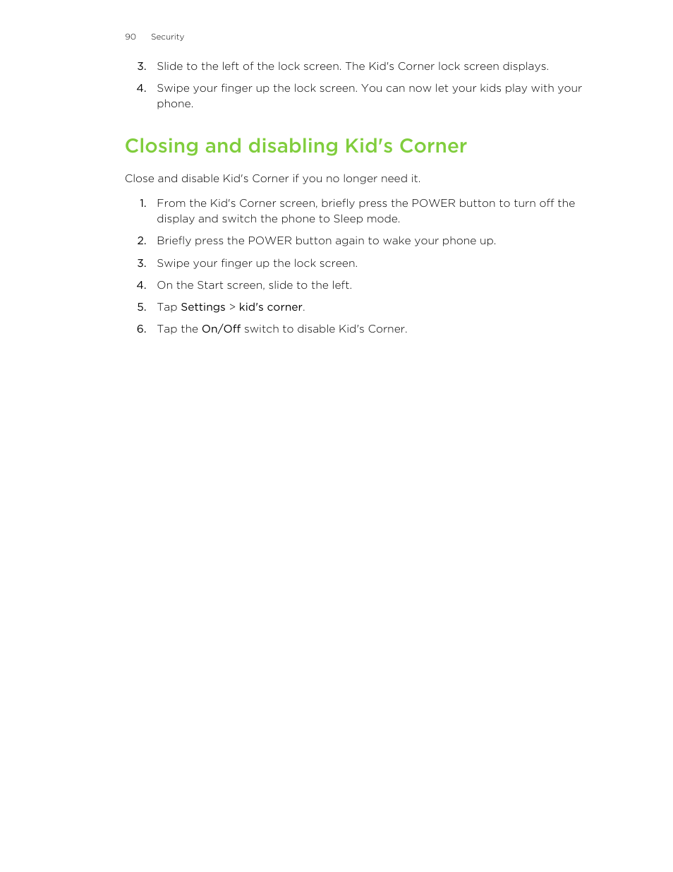 Closing and disabling kid's corner | HTC 8X User Manual | Page 90 / 97