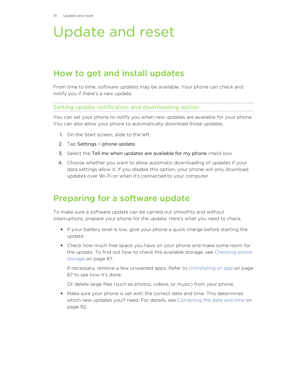 Update and reset, How to get and install updates, Setting update notification and downloading option | Preparing for a software update | HTC 8X User Manual | Page 91 / 97