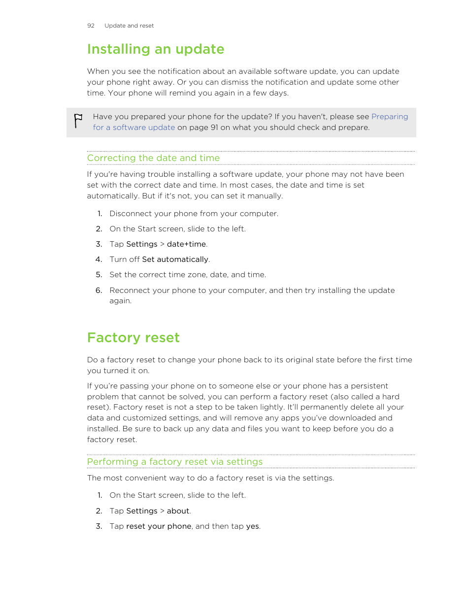 Installing an update, Correcting the date and time, Factory reset | Performing a factory reset via settings, Which new updates you'll need. for details, see | HTC 8X User Manual | Page 92 / 97