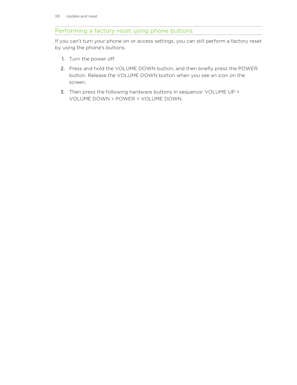 Performing a factory reset using phone buttons | HTC 8X User Manual | Page 93 / 97