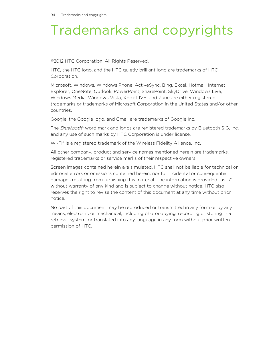 Trademarks and copyrights | HTC 8X User Manual | Page 94 / 97