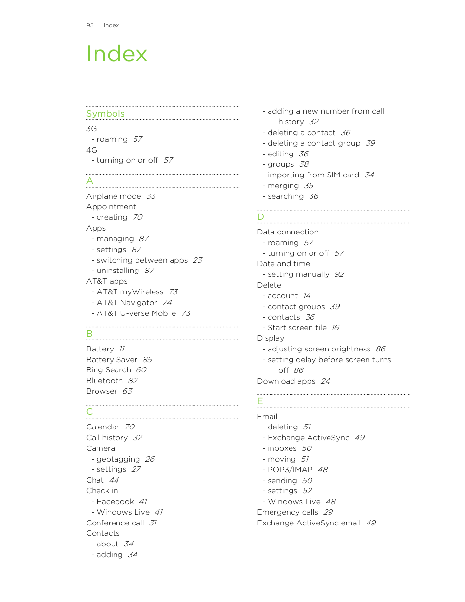 Index | HTC 8X User Manual | Page 95 / 97
