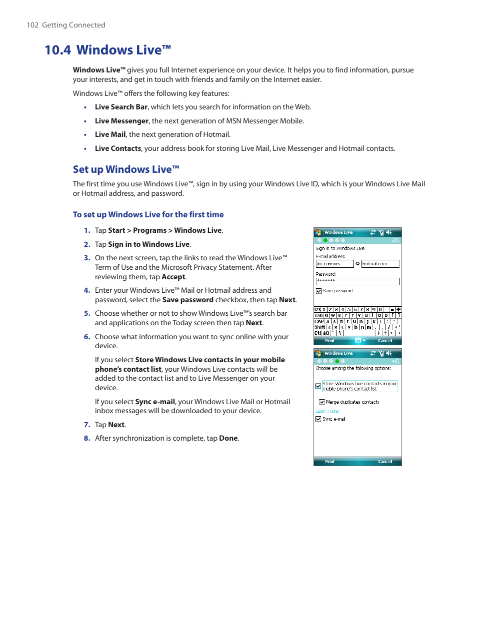 4 windows live, Set up windows live | HTC Touch by HTC VOGU100 User Manual | Page 102 / 150
