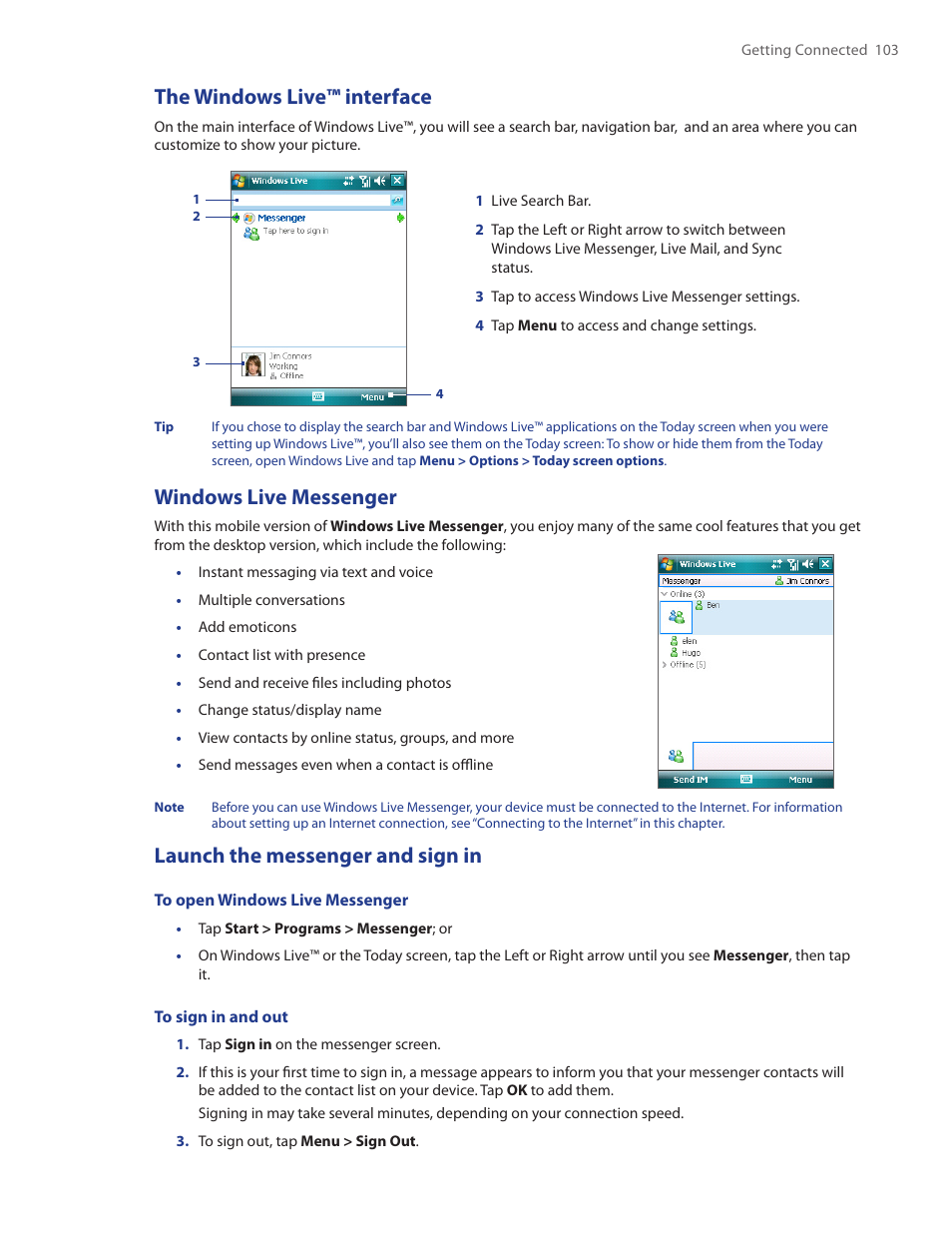 The windows live™ interface, Windows live messenger, Launch the messenger and sign in | HTC Touch by HTC VOGU100 User Manual | Page 103 / 150