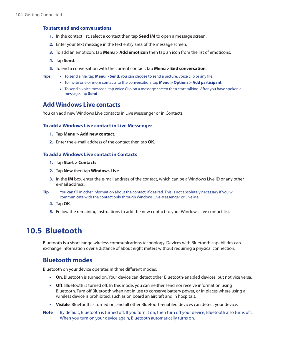 5 bluetooth, Add windows live contacts, Bluetooth modes | HTC Touch by HTC VOGU100 User Manual | Page 104 / 150