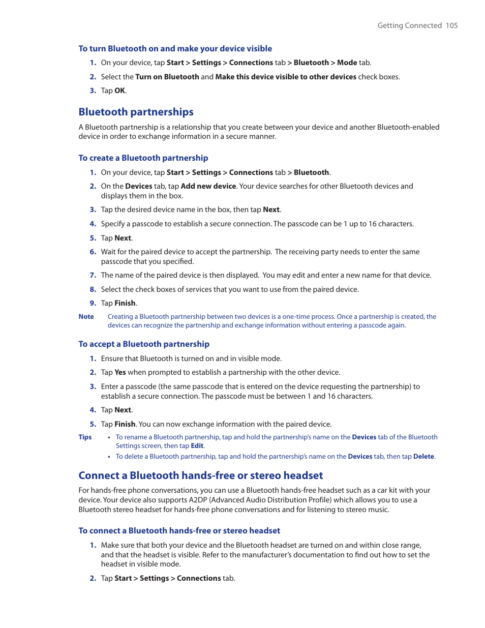 Bluetooth partnerships, Connect a bluetooth hands-free or stereo headset | HTC Touch by HTC VOGU100 User Manual | Page 105 / 150