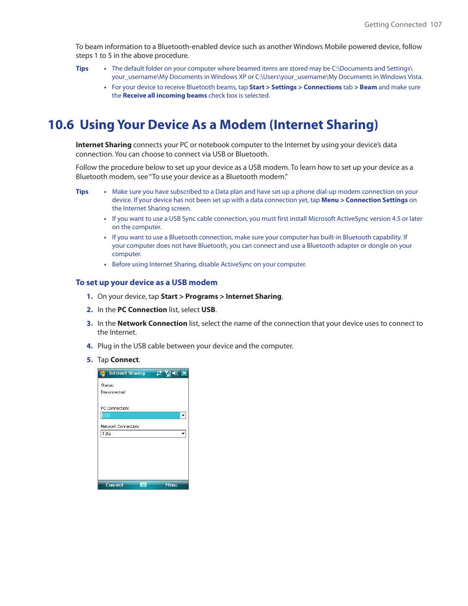 6 using your device as a modem, Internet sharing), 6 using your device as a modem (internet sharing) | HTC Touch by HTC VOGU100 User Manual | Page 107 / 150